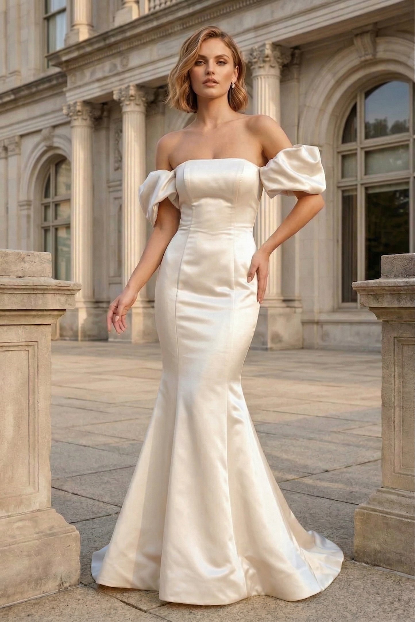 Off-the-Shoulder Puff Sleeve Satin Mermaid Prom Dress with Lace-Up Back | Sevoba