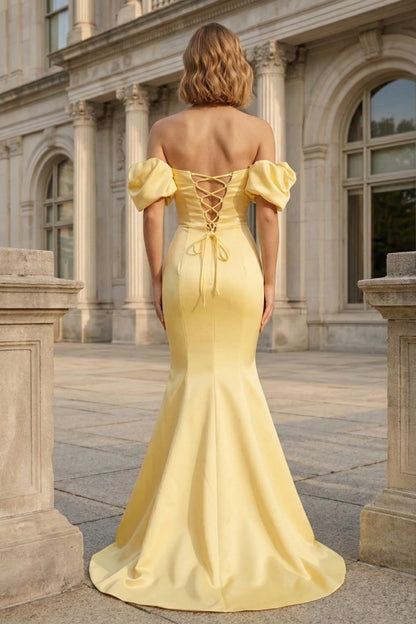 Off-the-Shoulder Puff Sleeve Satin Mermaid Prom Dress with Lace-Up Back | Sevoba
