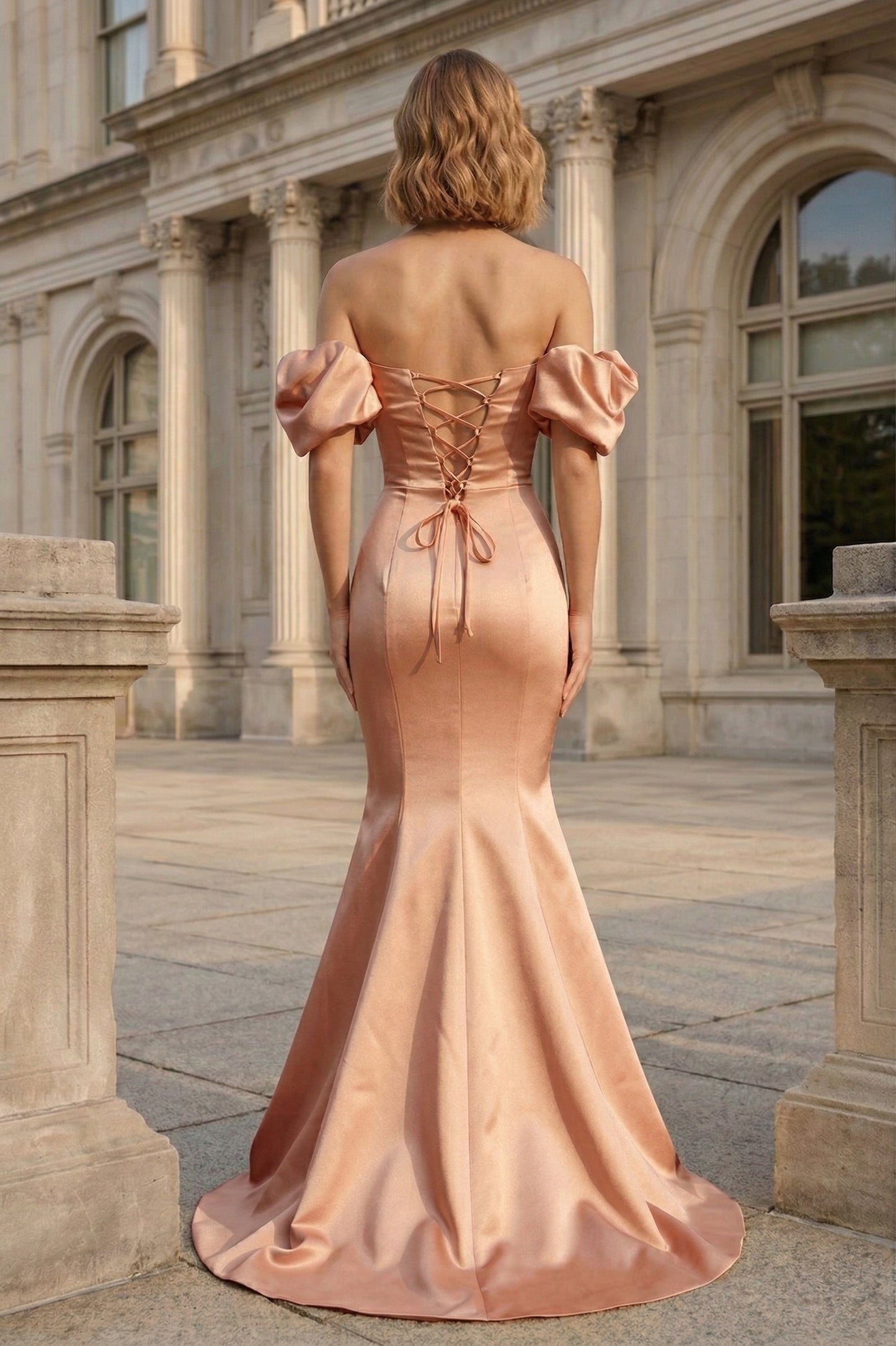 Off-the-Shoulder Puff Sleeve Satin Mermaid Prom Dress with Lace-Up Back | Sevoba