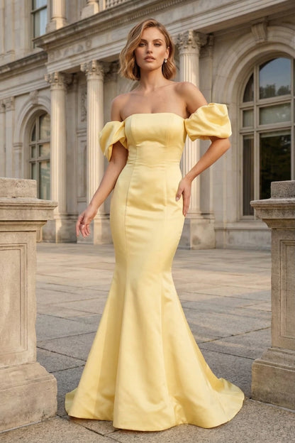 Off-the-Shoulder Puff Sleeve Satin Mermaid Prom Dress with Lace-Up Back | Sevoba