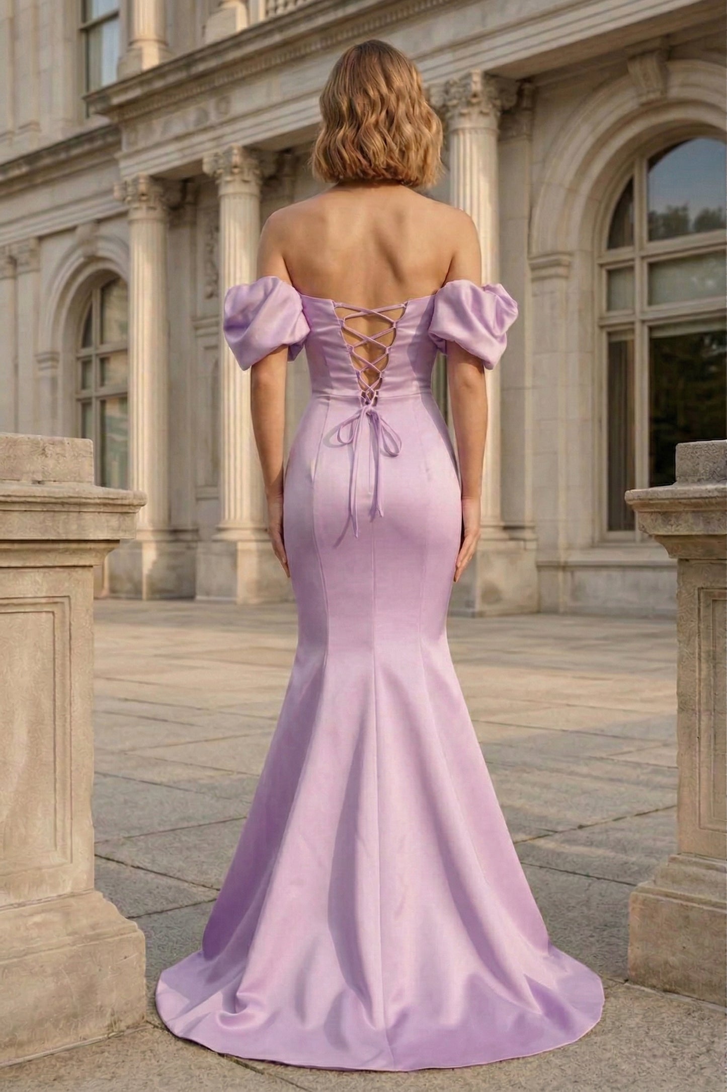 Off-the-Shoulder Puff Sleeve Satin Mermaid Prom Dress with Lace-Up Back | Sevoba