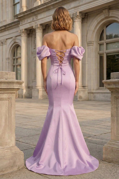 Off-the-Shoulder Puff Sleeve Satin Mermaid Prom Dress with Lace-Up Back | Sevoba