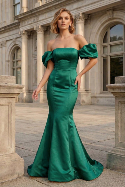 Off-the-Shoulder Puff Sleeve Satin Mermaid Prom Dress with Lace-Up Back | Sevoba