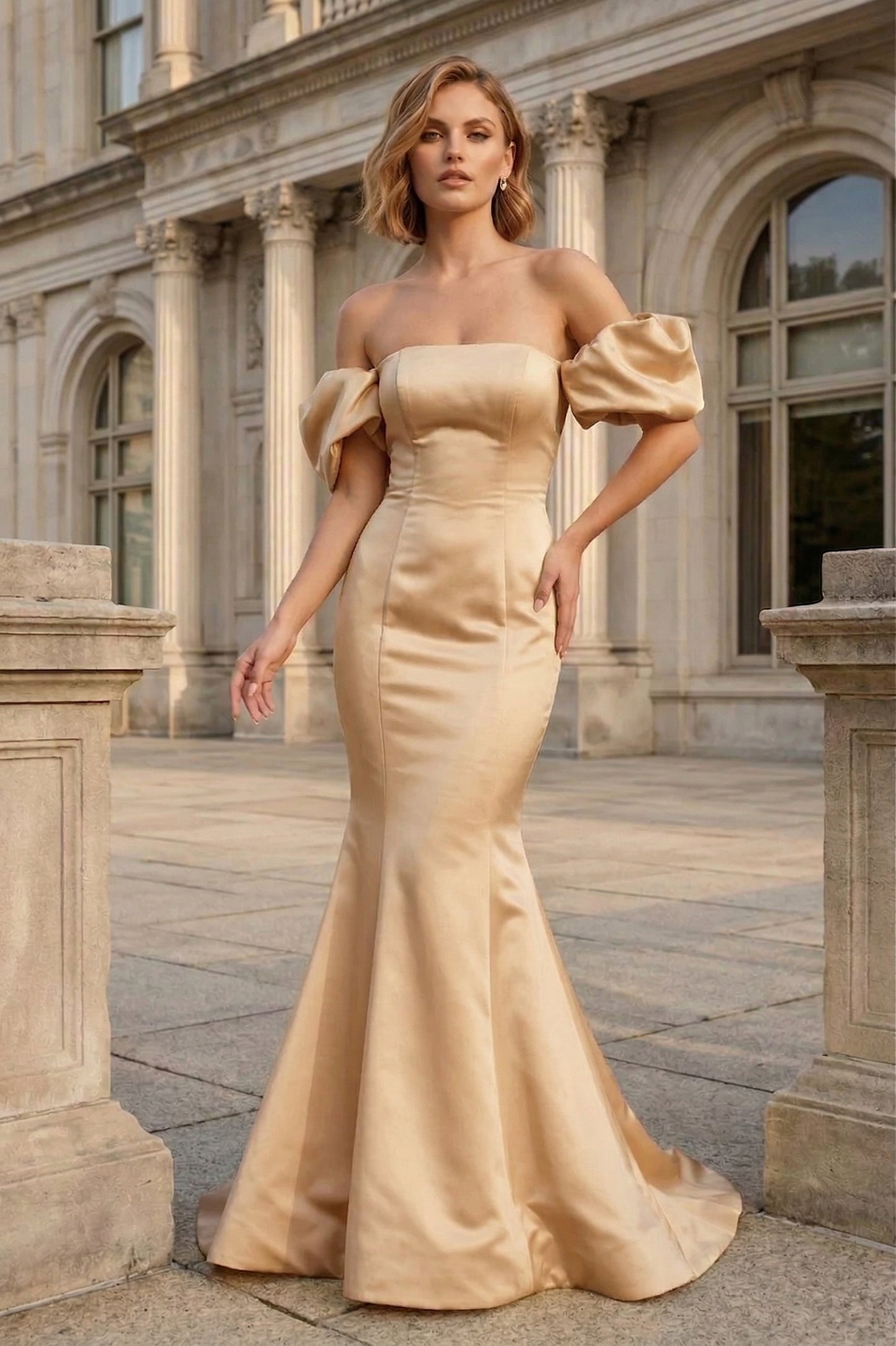 Off-the-Shoulder Puff Sleeve Satin Mermaid Prom Dress with Lace-Up Back | Sevoba