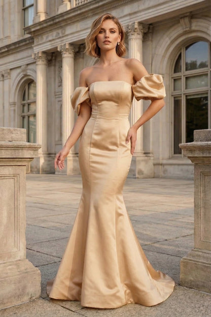 Off-the-Shoulder Puff Sleeve Satin Mermaid Prom Dress with Lace-Up Back | Sevoba