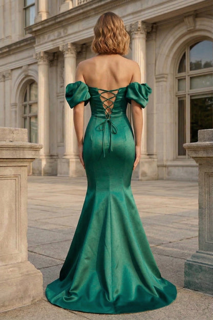 Off-the-Shoulder Puff Sleeve Satin Mermaid Prom Dress with Lace-Up Back | Sevoba
