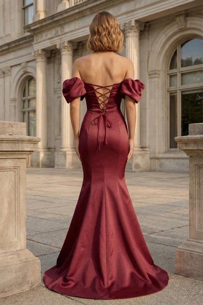 Off-the-Shoulder Puff Sleeve Satin Mermaid Prom Dress with Lace-Up Back | Sevoba