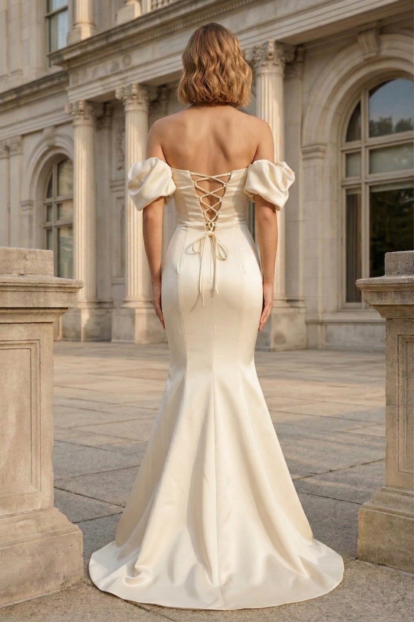 Off-the-Shoulder Puff Sleeve Satin Mermaid Prom Dress with Lace-Up Back | Sevoba