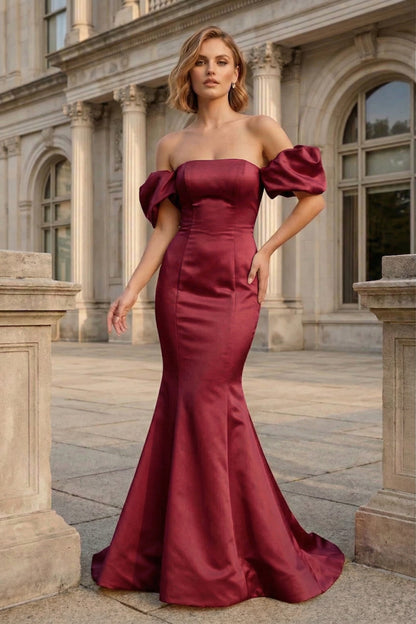Off-the-Shoulder Puff Sleeve Satin Mermaid Prom Dress with Lace-Up Back | Sevoba