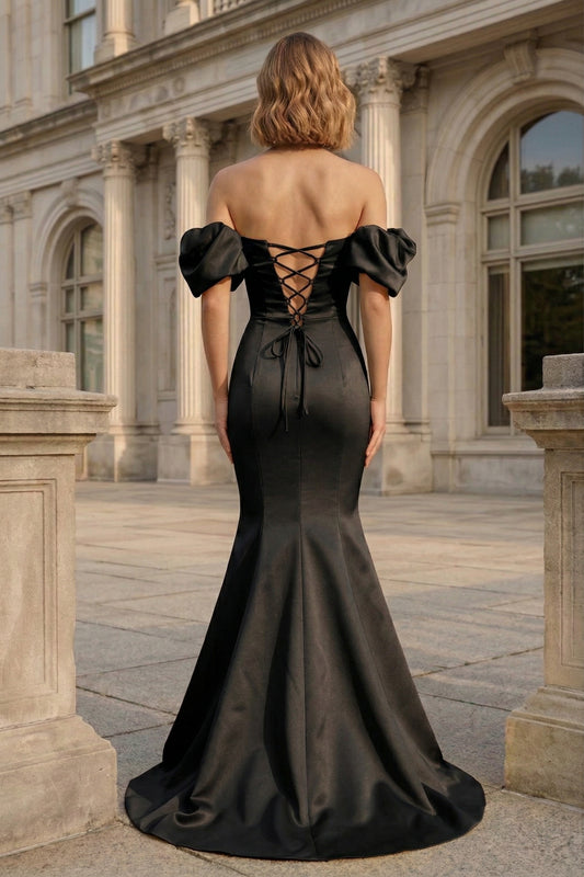 Off-the-Shoulder Puff Sleeve Satin Mermaid Prom Dress with Lace-Up Back | Sevoba