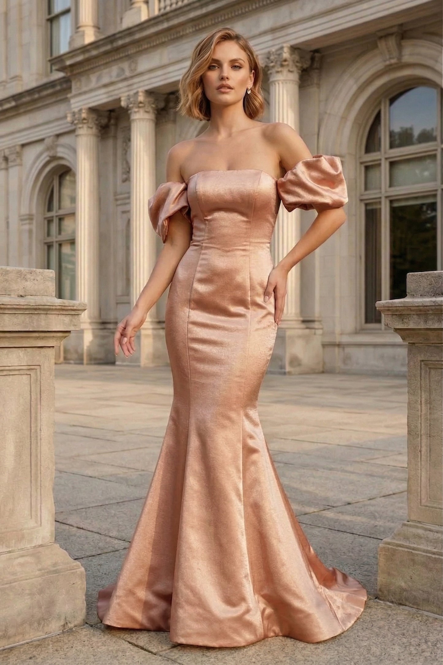 Off-the-Shoulder Puff Sleeve Satin Mermaid Prom Dress with Lace-Up Back | Sevoba