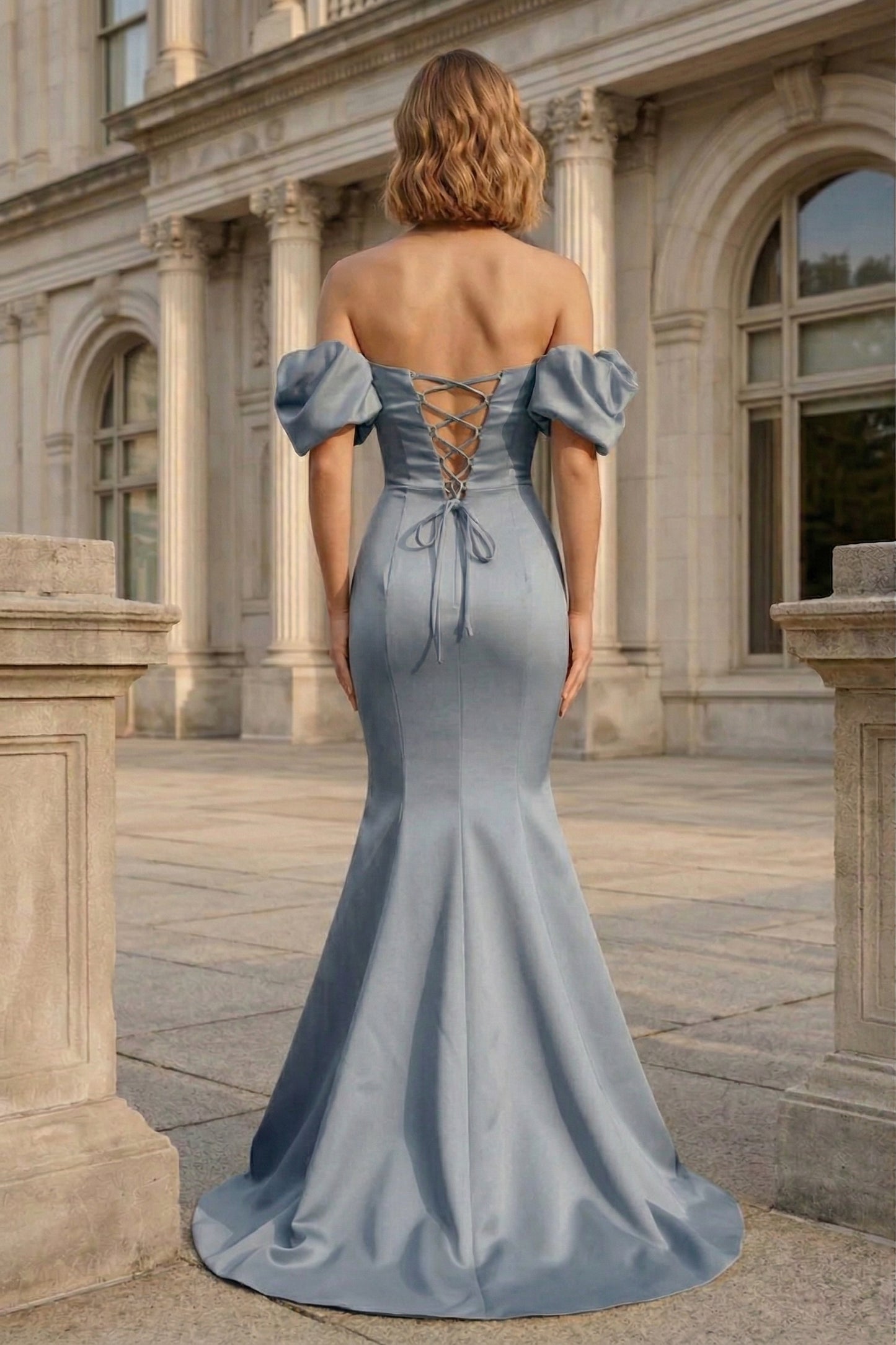 Off-the-Shoulder Puff Sleeve Satin Mermaid Prom Dress with Lace-Up Back | Sevoba