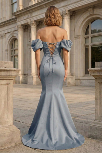 Off-the-Shoulder Puff Sleeve Satin Mermaid Prom Dress with Lace-Up Back | Sevoba