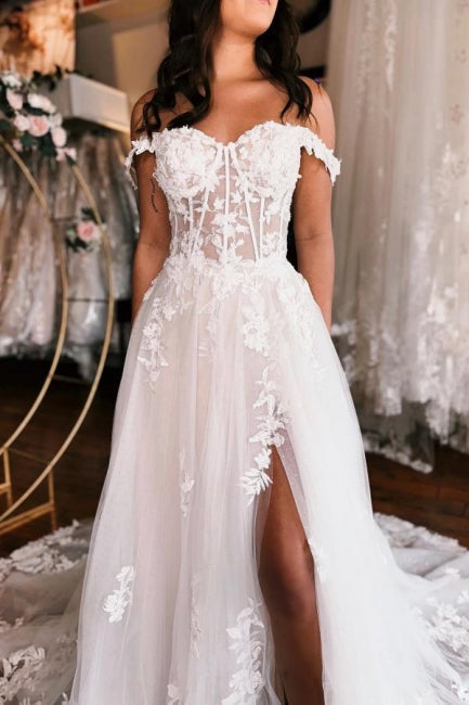 A-line Off the shoulder Lace Wedding Dress with High Split