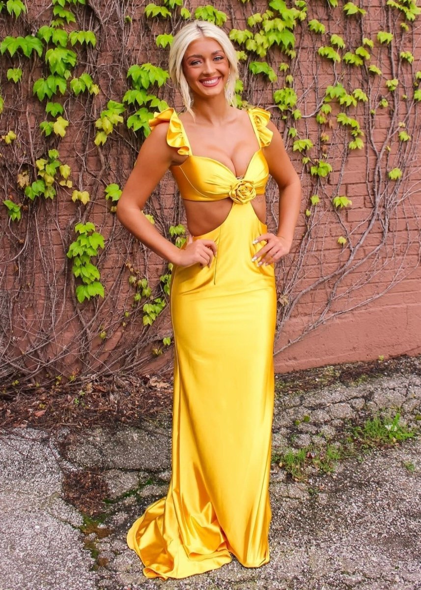 Violet Flutter Sleeve Cutout Mermaid Fitted Gown