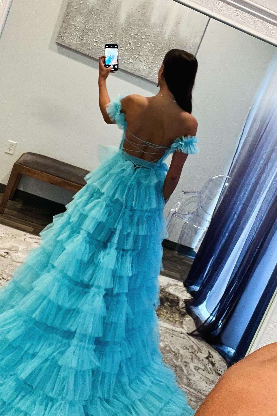 Royal Blue Off the Shoulder Ruffle Tiered Tulle Long Prom Dresses with Slit