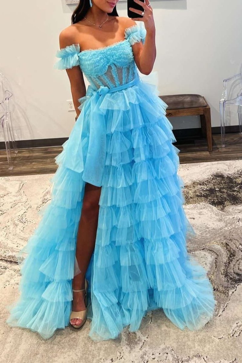 Royal Blue Off the Shoulder Ruffle Tiered Tulle Long Prom Dresses with Slit