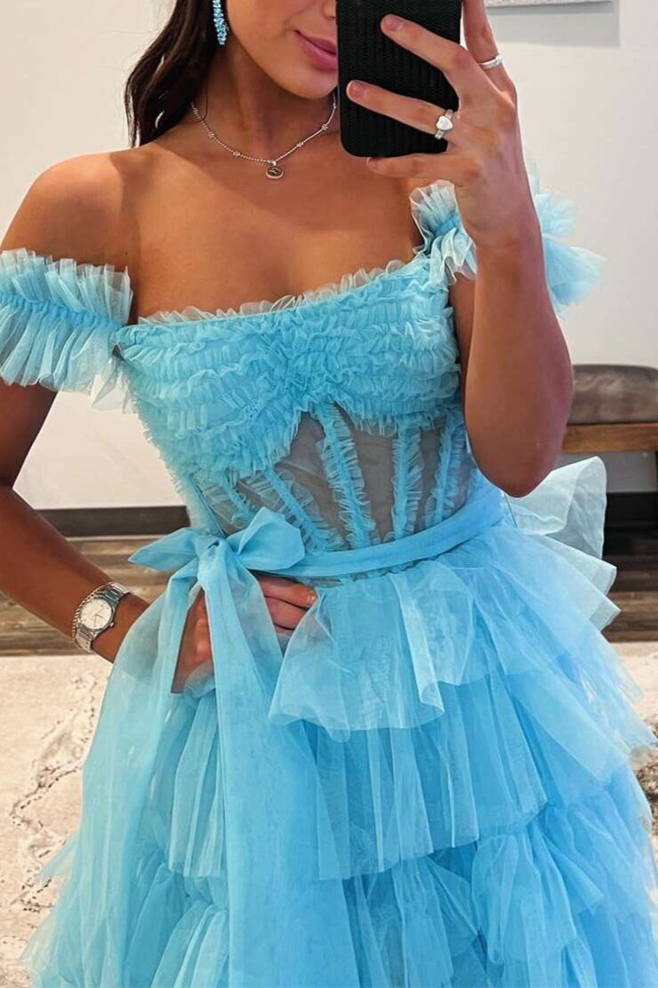 Royal Blue Off the Shoulder Ruffle Tiered Tulle Long Prom Dresses with Slit
