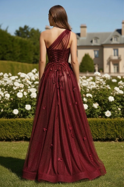 One-Shoulder 3D Floral Glitter Tulle A-Line Prom Dress with Corset Back | Sevoba