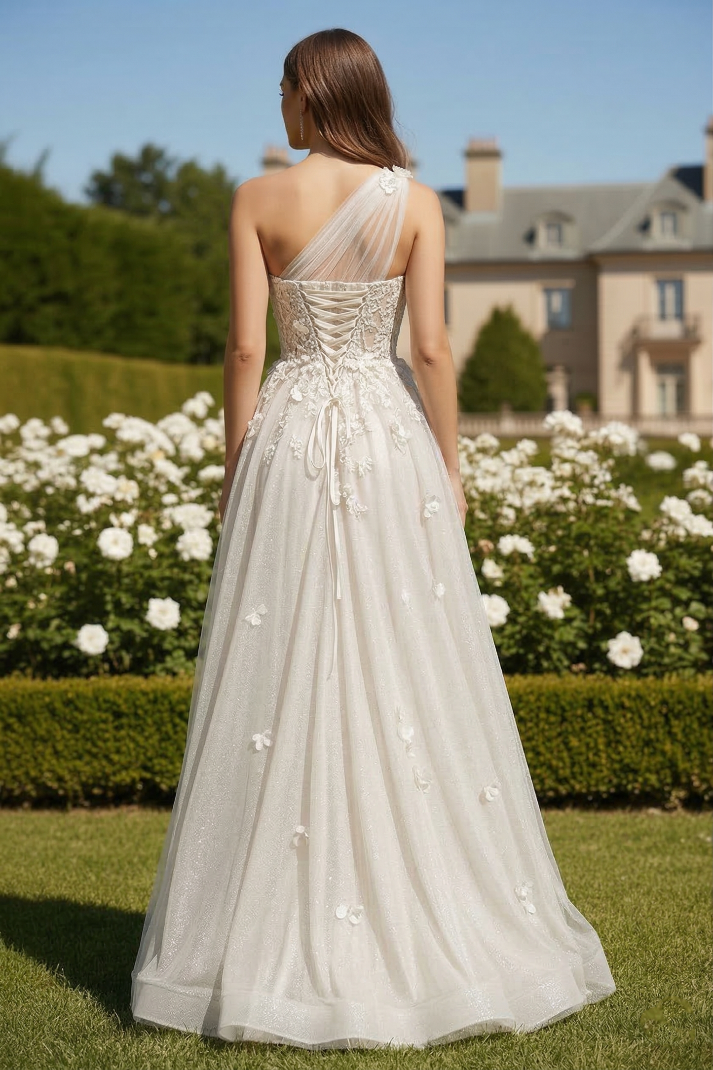 One-Shoulder 3D Floral Glitter Tulle A-Line Prom Dress with Corset Back | Sevoba