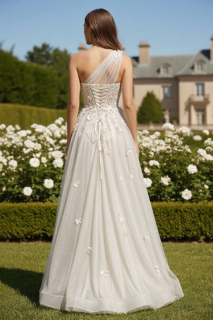 One-Shoulder 3D Floral Glitter Tulle A-Line Prom Dress with Corset Back | Sevoba
