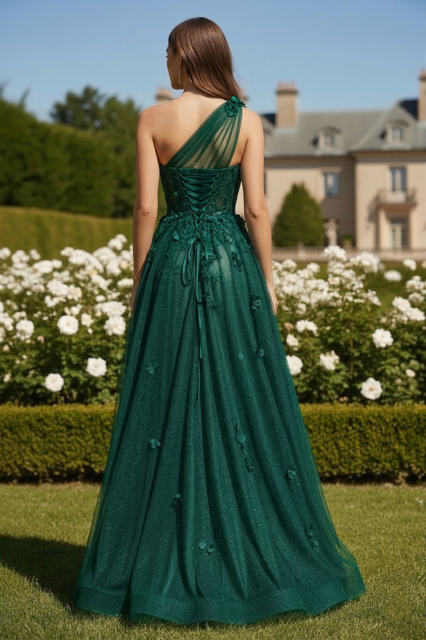 One-Shoulder 3D Floral Glitter Tulle A-Line Prom Dress with Corset Back | Sevoba