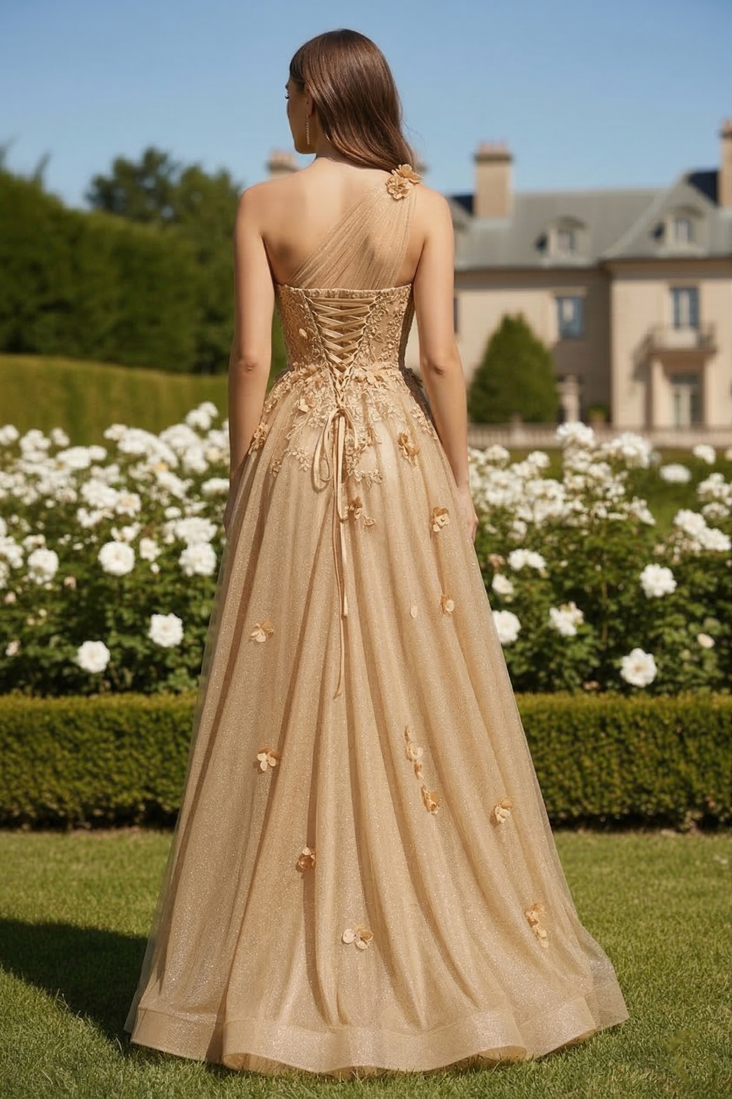 One-Shoulder 3D Floral Glitter Tulle A-Line Prom Dress with Corset Back | Sevoba