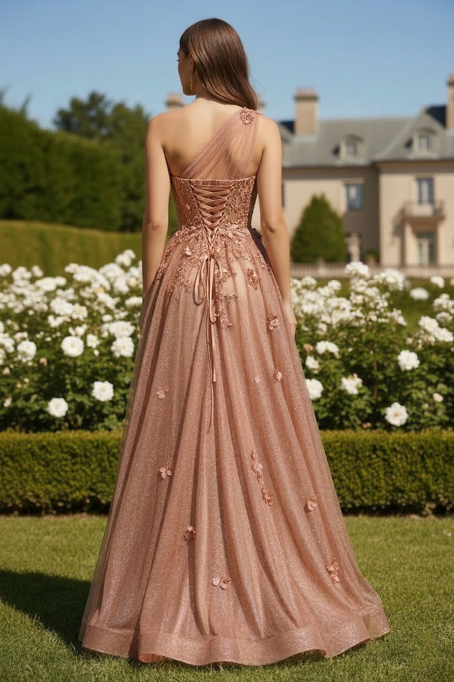 One-Shoulder 3D Floral Glitter Tulle A-Line Prom Dress with Corset Back | Sevoba