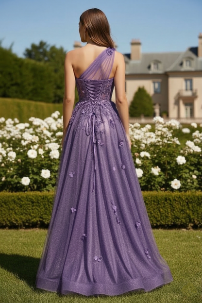 One-Shoulder 3D Floral Glitter Tulle A-Line Prom Dress with Corset Back | Sevoba