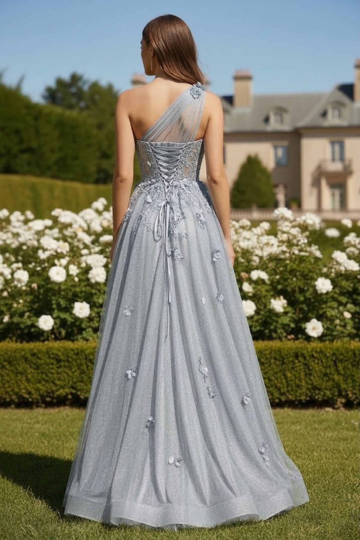 One-Shoulder 3D Floral Glitter Tulle A-Line Prom Dress with Corset Back | Sevoba