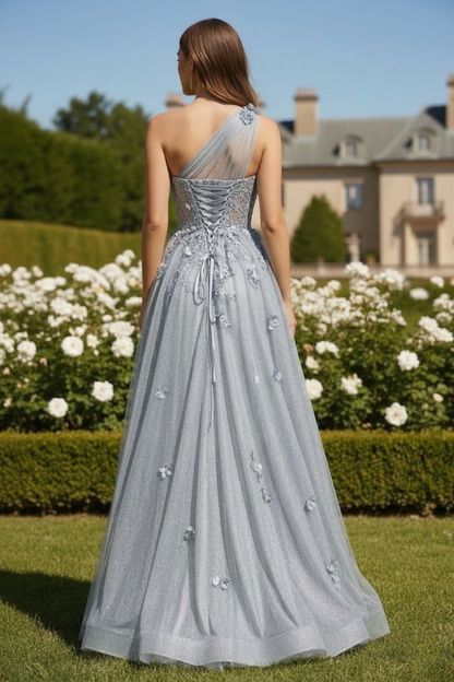 One-Shoulder 3D Floral Glitter Tulle A-Line Prom Dress with Corset Back | Sevoba