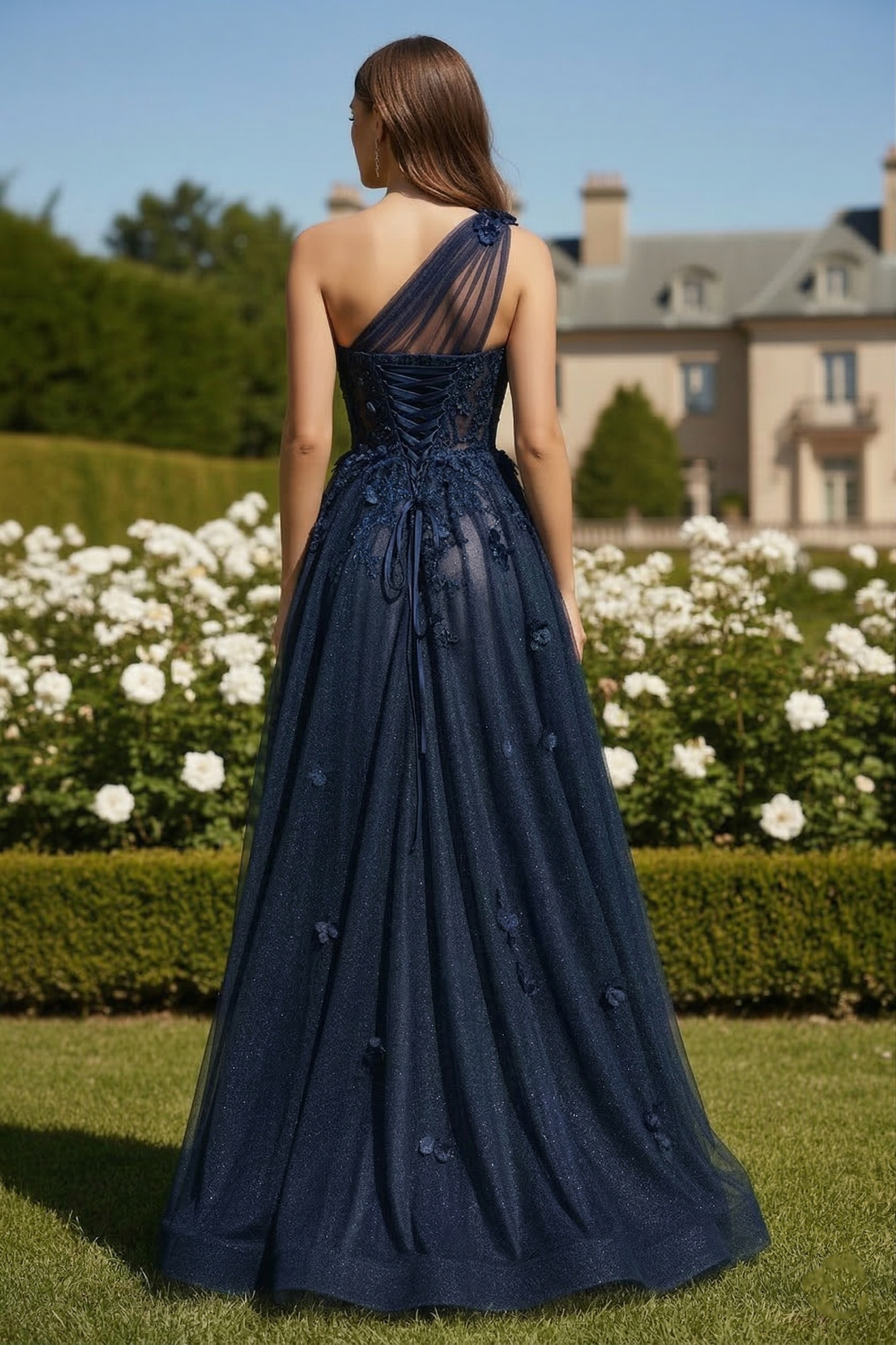 One-Shoulder 3D Floral Glitter Tulle A-Line Prom Dress with Corset Back | Sevoba