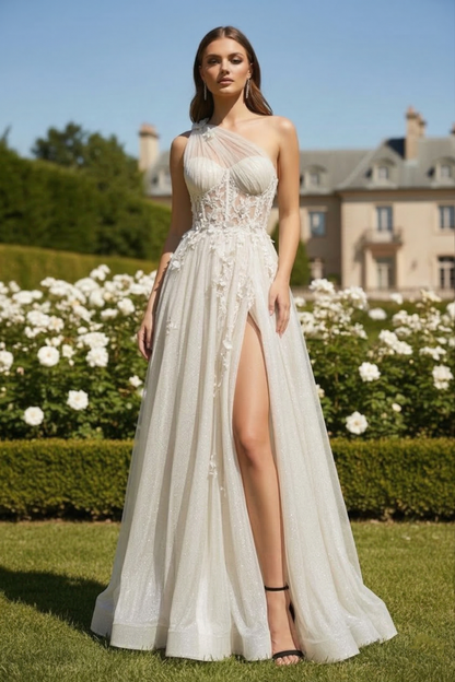 One-Shoulder 3D Floral Glitter Tulle A-Line Prom Dress with Corset Back | Sevoba
