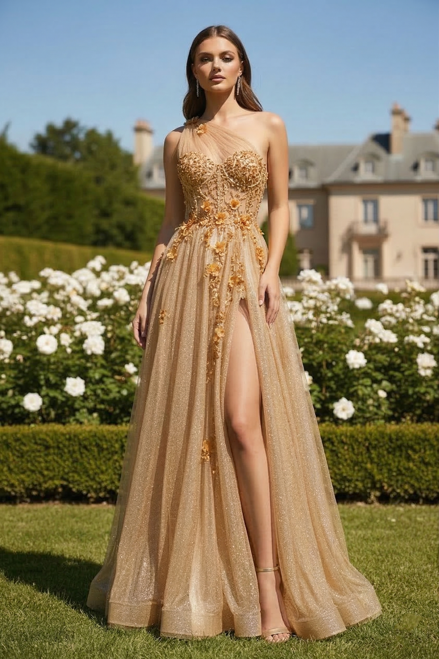 One-Shoulder 3D Floral Glitter Tulle A-Line Prom Dress with Corset Back | Sevoba