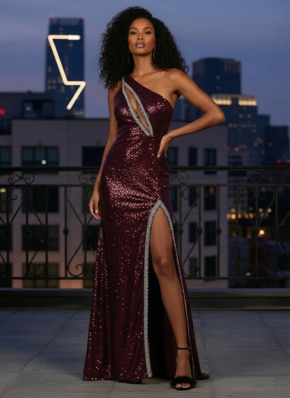One-Shoulder Sequin Mermaid Prom Dress with Cutout and Open Back | Sevoba