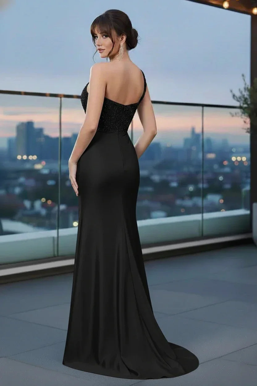 One Shoulder Beaded Corset Satin Mermaid Prom Dress with Slit | Sevoba