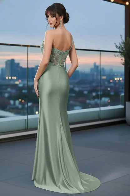One Shoulder Beaded Corset Satin Mermaid Prom Dress with Slit | Sevoba