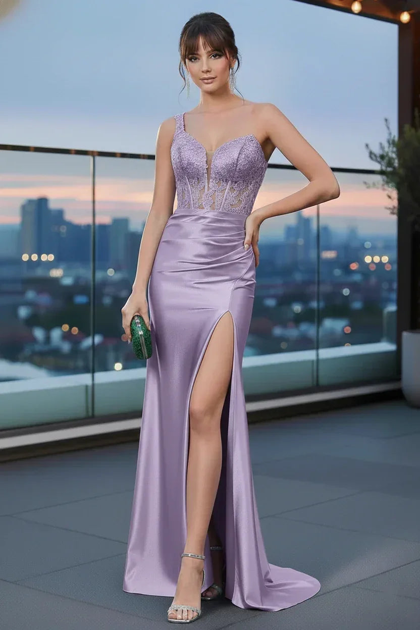 One Shoulder Beaded Corset Satin Mermaid Prom Dress with Slit | Sevoba