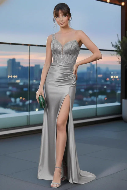 One Shoulder Beaded Corset Satin Mermaid Prom Dress with Slit | Sevoba