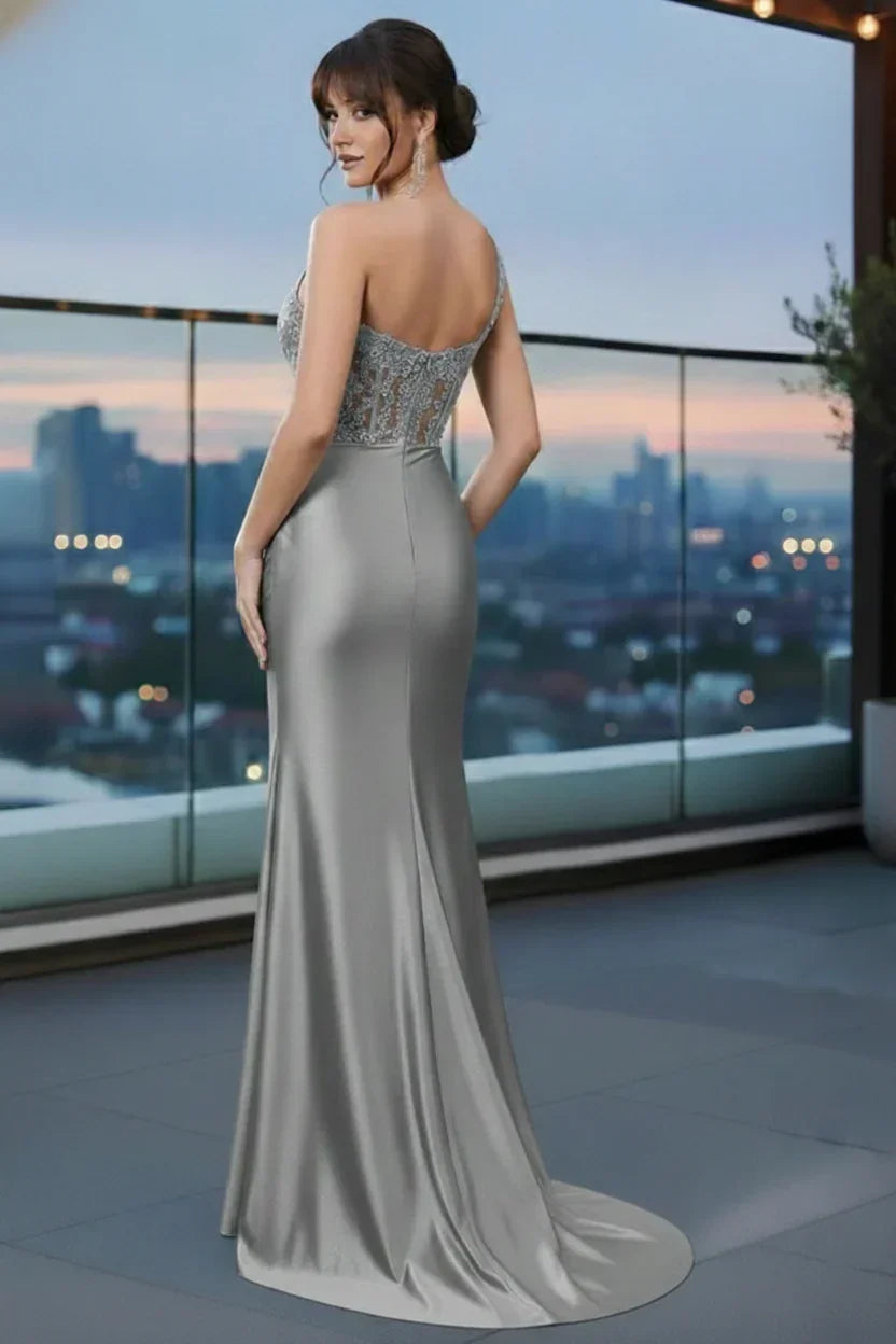 One Shoulder Beaded Corset Satin Mermaid Prom Dress with Slit | Sevoba