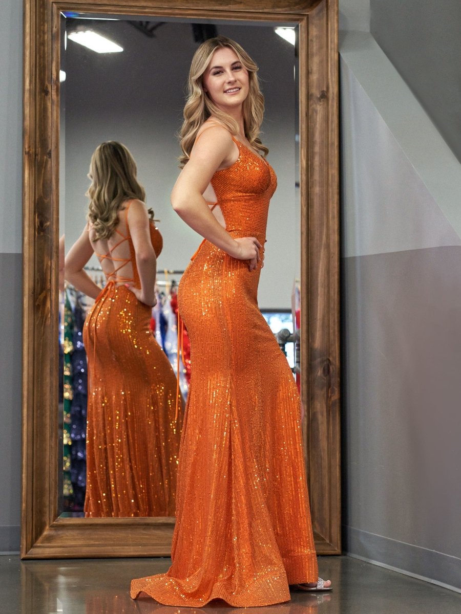 Sevoba|Sparkly Mermaid V Neck Sequins Long Prom Dresses with Slit
