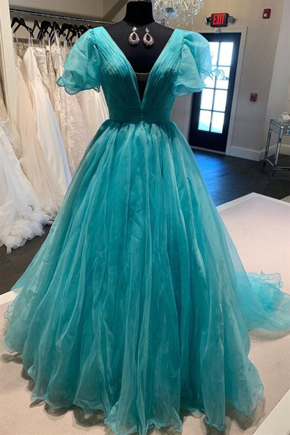 Orange Plunge V Ruffled Sleeve A-Line Long Formal Dress