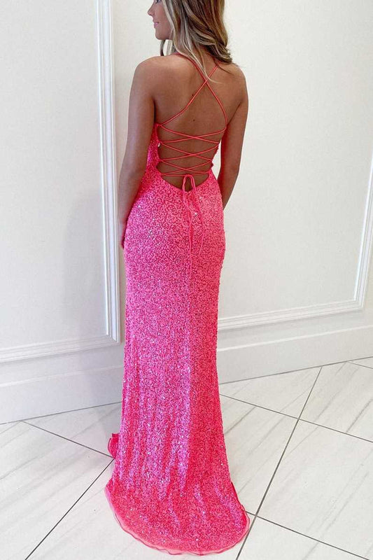 Sevoba|Hot Pink Sequins Mermaid Long Prom Dress