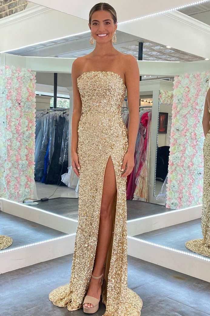 Sevoba|Gold Sequin Strapless Backless Mermaid Long Prom Dress with Slit
