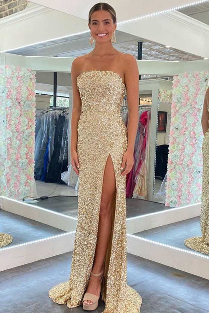 Sevoba|Gold Sequin Strapless Backless Mermaid Long Prom Dress with Slit