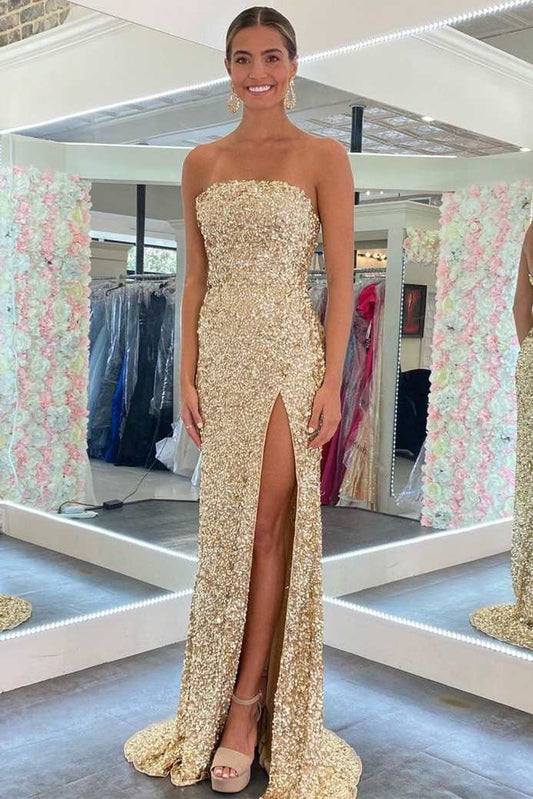 Sevoba|Gold Sequin Strapless Backless Mermaid Long Prom Dress with Slit