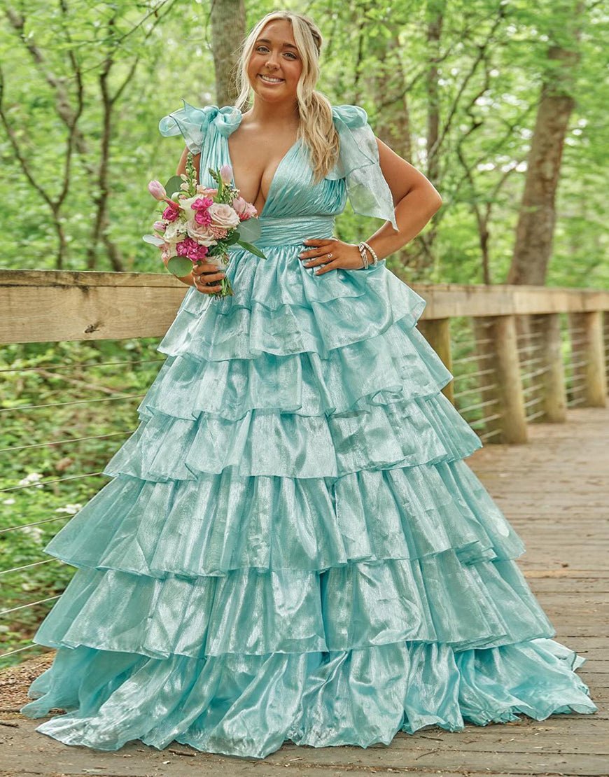 Glitter Tie Straps Pink Plunging Neck Tiered Long Prom Dress