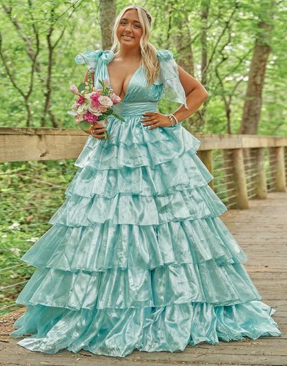 Glitter Tie Straps Pink Plunging Neck Tiered Long Prom Dress