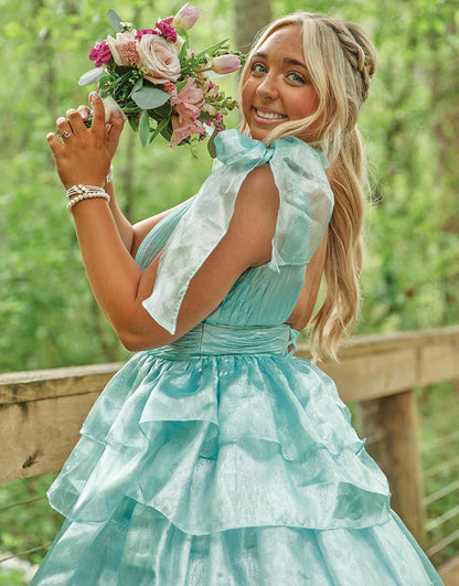 Glitter Tie Straps Pink Plunging Neck Tiered Long Prom Dress