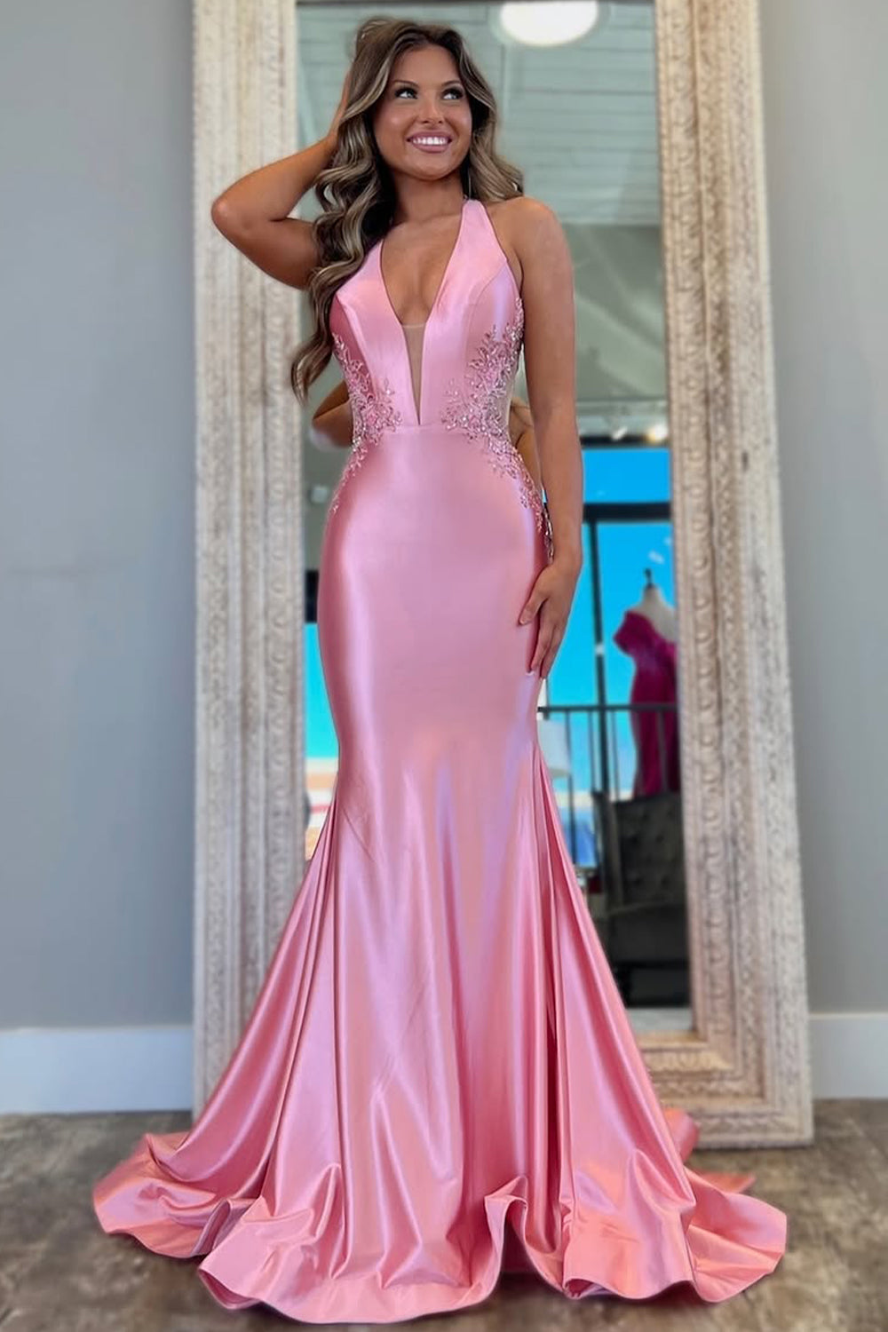 Pink Mermaid Prom Dress with Deep V-Neck Backless Long Satin and Appliques